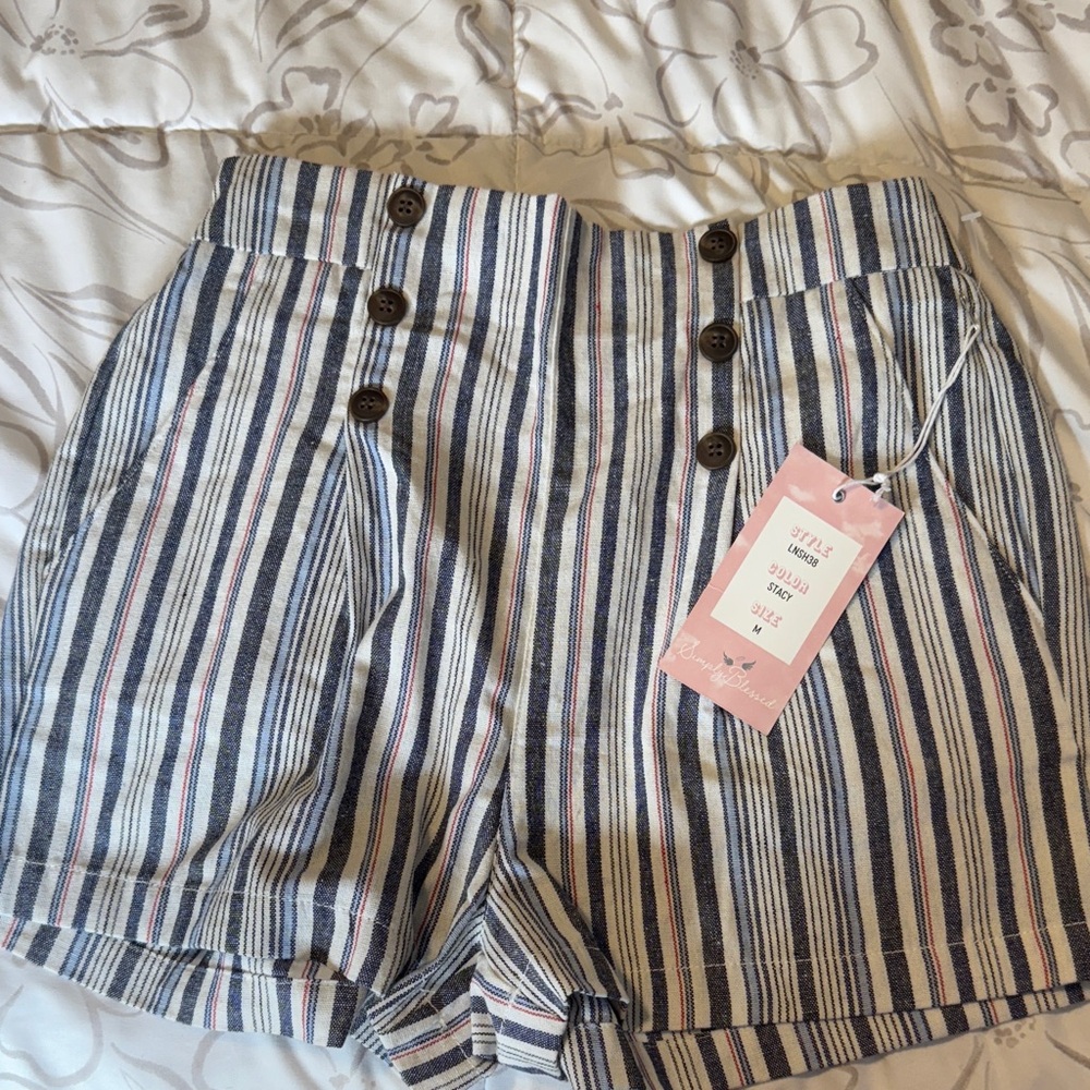 Navy Striped High Waist Women's Shorts